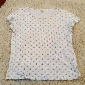 J Crew cap sleeved white t shirt with navy blue mini anchors detail size small